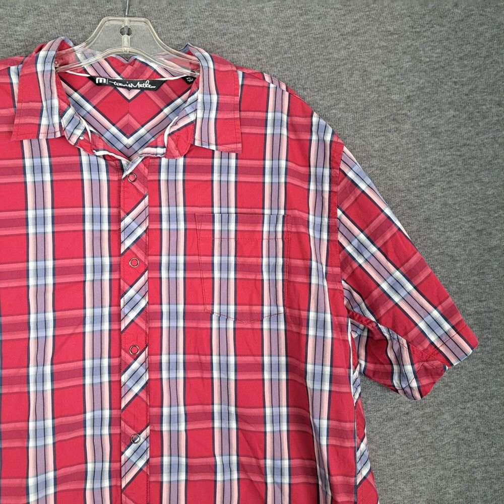 Travis Mathew Shirt Mens XL Red Plaid Button Up Short Sleeve Pockets Snaps
